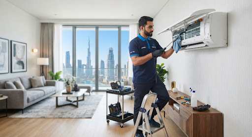 Technician servicing a wall-mounted split air conditioning unit