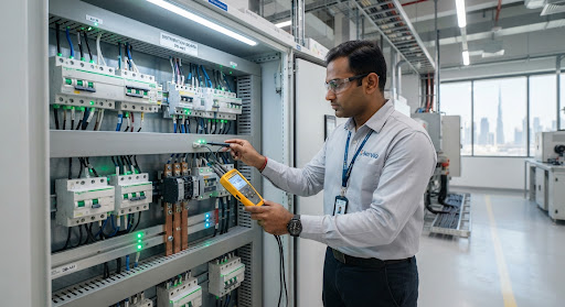 Engineer inspecting a circuit breaker panel with a voltage tester