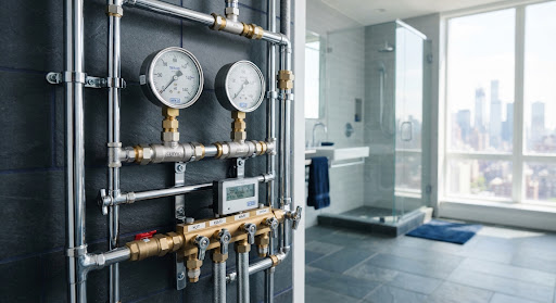 Chrome bathroom pipe fittings and water pressure gauges